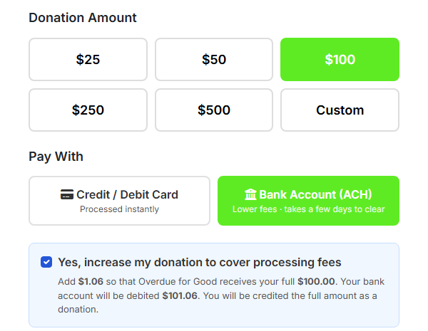 A GoodBooks donation page with a $100 gift selected and Bank Account (ACH) chosen as the payment method, showing a $1.06 fee to cover instead of a card fee